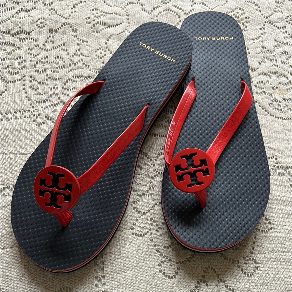 Tory Burch Red and Black Flip Flops
